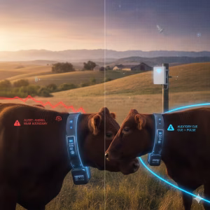Geofencing For Livestock Tracking: A Comprehensive Guide To Virtual Fencing 2 Cows in a field with livestock tracking.