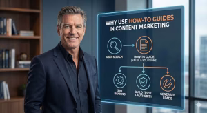 A man standing by a why use how-to guides for content marketing.